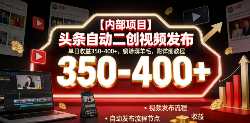 【内部项目】头条自动二创视频发布，单日收益350-400+，躺賺薅羊毛，附详细教程【揭秘】