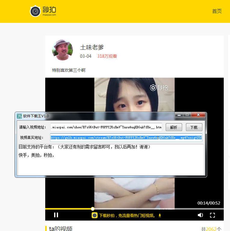 快手/秒拍等视频无水印下载器