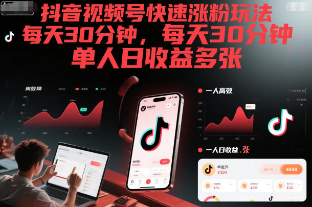抖音视频号快速涨粉玩法，每天30分钟，单人日收益多张